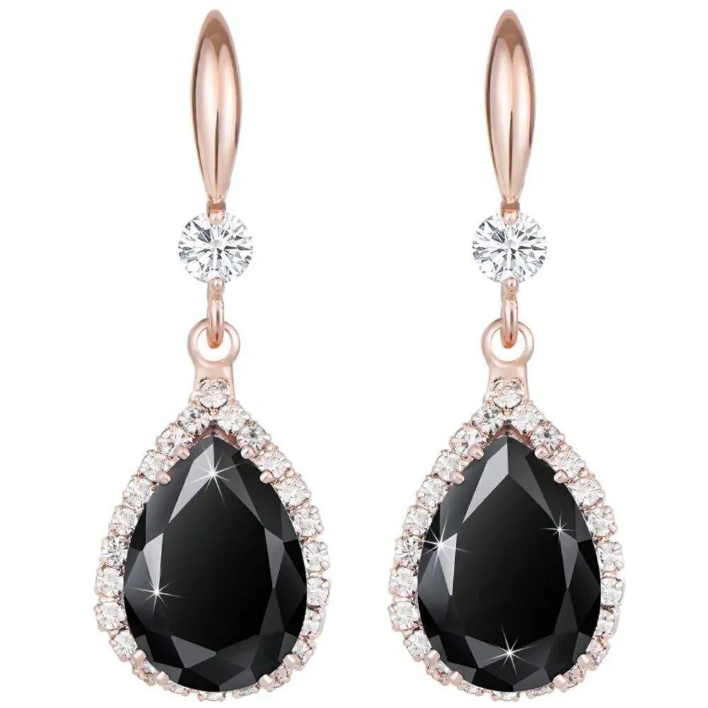 14K Rose Gold with Black Onyx Cubic Zirconia Teardrop Hook Dangling Earrings